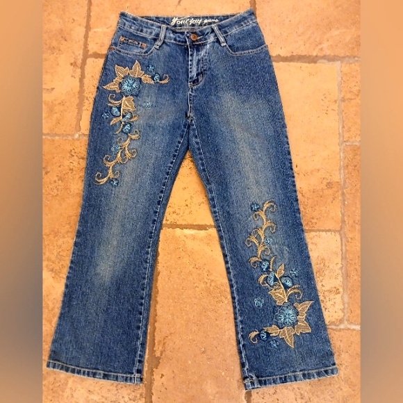 Vintage Denim Cropped Jeans Sz 4  Embroidered Embellished Beaded Acid Wash Boho - Picture 7 of 16